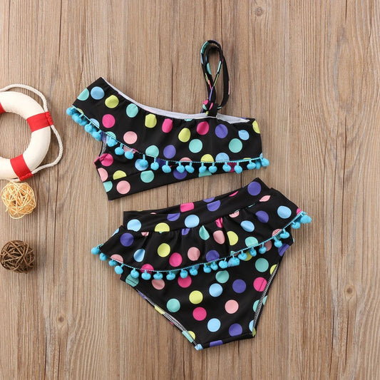 ChildAngle Toddler Girls Polka Dot Tassel One Shoulder Two Piece Bikini Set