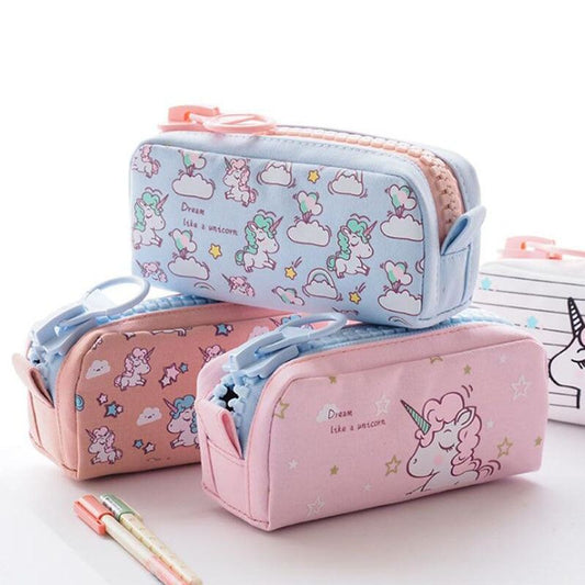 Big Zipper Unicorn Pencil Case Large Capacity Canvas for School - ChildAngle