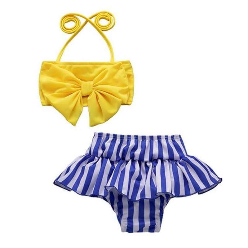 ChildAngle Toddler Girls Baby Swimwear Bowknot Bandeau with Striped Ruffled Bikini Bottom - ChildAngle