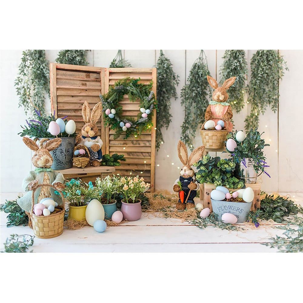 Easter Backdrop Rabbit Eggs Bunny Portrait Photography Background Flowers Green Farm - ChildAngle