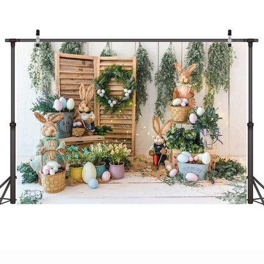 Easter Backdrop Rabbit Eggs Bunny Portrait Photography Background Flowers Green Farm - ChildAngle