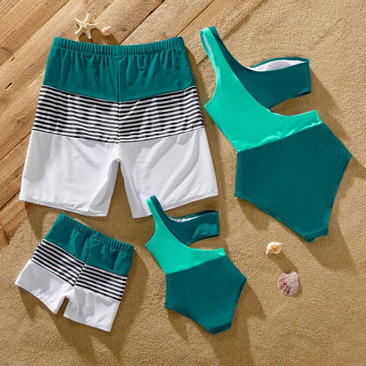 Family Matching Swimsuit Colorblock One-piece Bathing Suit or Swim Trunks Shorts - ChildAngle