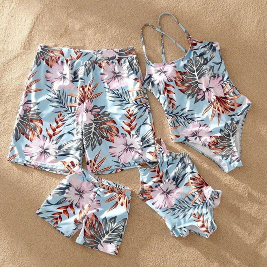 Family Matching Swimsuit Floral Leaf Swim Trunks One Piece Swimsuit - ChildAngle