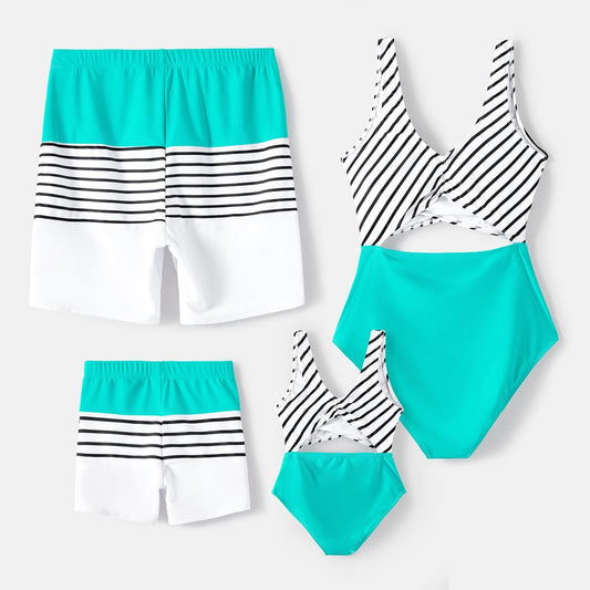 Family Matching Swimsuits Striped Spliced One-piece Swimsuit Colorblock Swim Trunks - ChildAngle