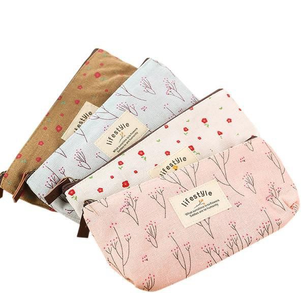 Flower Zipper Pencil Case Floral Canvas Pen Bags - ChildAngle