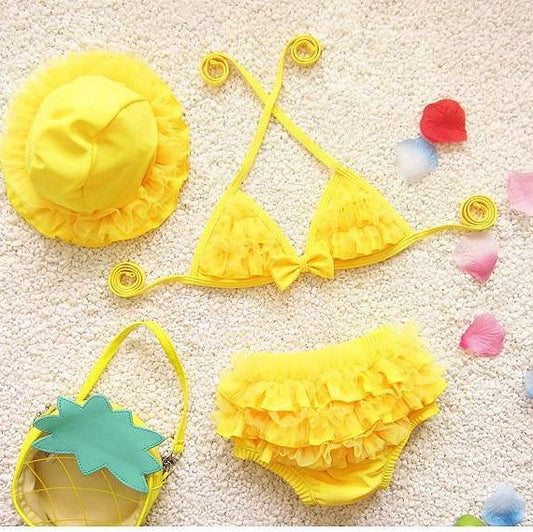 Girls 3 Pieces Ruffle Bikini Sets with Cap - ChildAngle