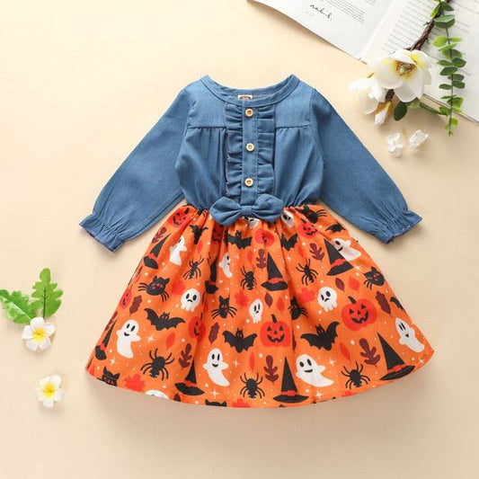 Girls Denim Splice Dresses Toddler Halloween Pumpkin Ghost Pattern Dress - ChildAngle