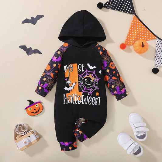Halloween Baby Allover Raglan Pumpkin Rompers Hooded Jumpsuit For Kids - ChildAngle