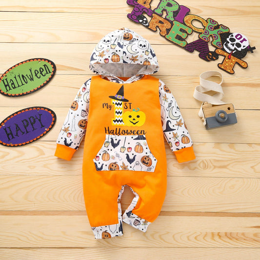 Halloween Baby Pumpkin Hooded Jumpsuit Color Block - ChildAngle