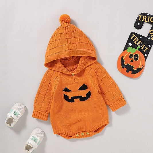 Knitted Halloween Baby Hoodie Pumpkin Long-sleeve Sweater Romper - ChildAngle