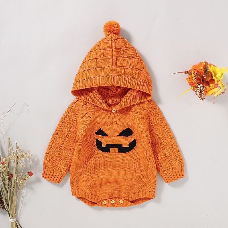 Knitted Halloween Baby Hoodie Pumpkin Long-sleeve Sweater Romper - ChildAngle