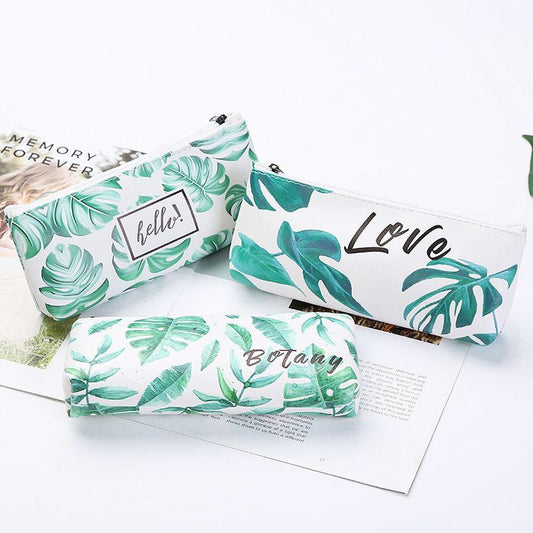 Leaf Print Pencil Case for Girls Cute PU Leather Pen Bag School Stationery Supplies - ChildAngle