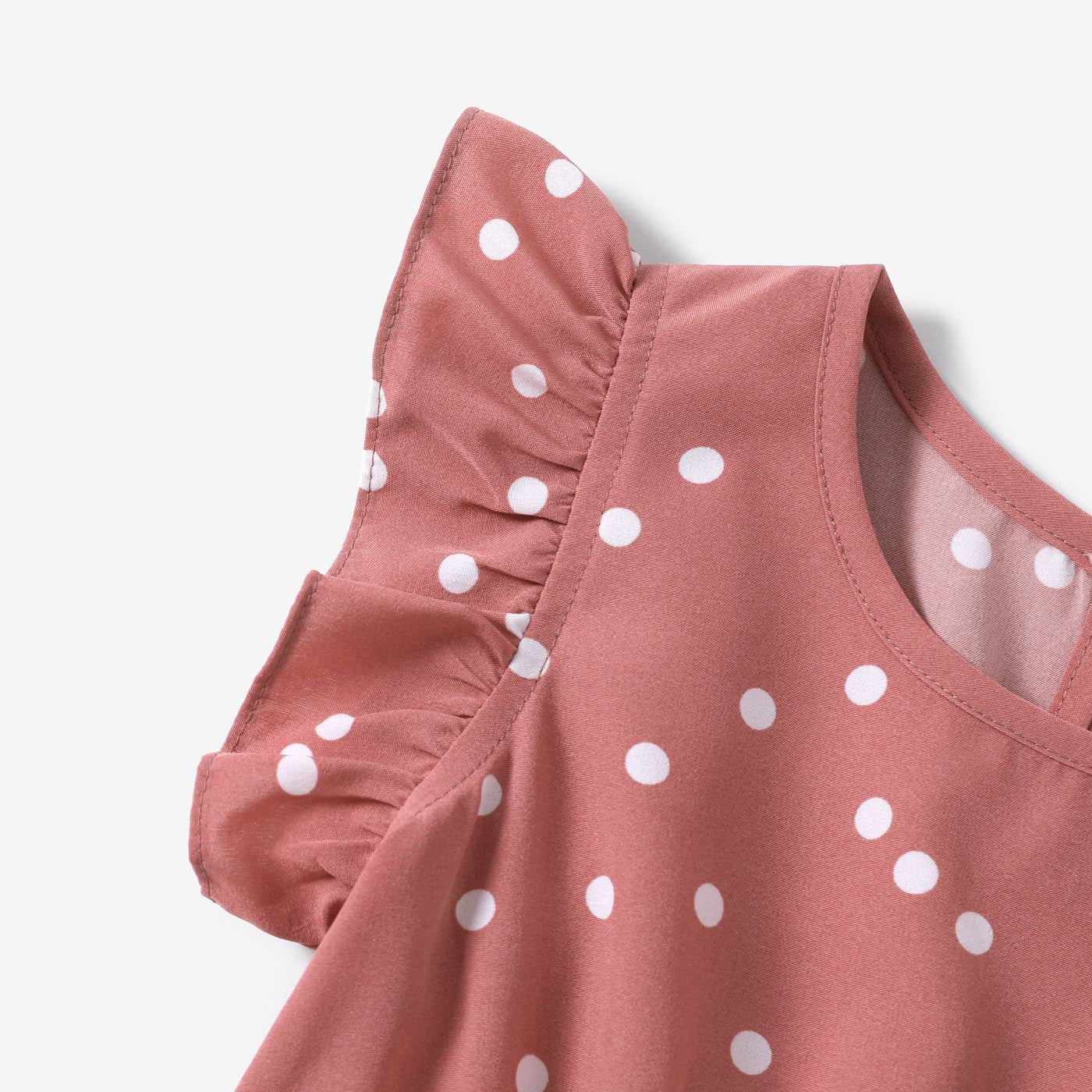 Matching Family Outfits Mommy and Me Pink Cross Wrap V Neck Ruffle Polka Dots Dress for Mom and Me - ChildAngle