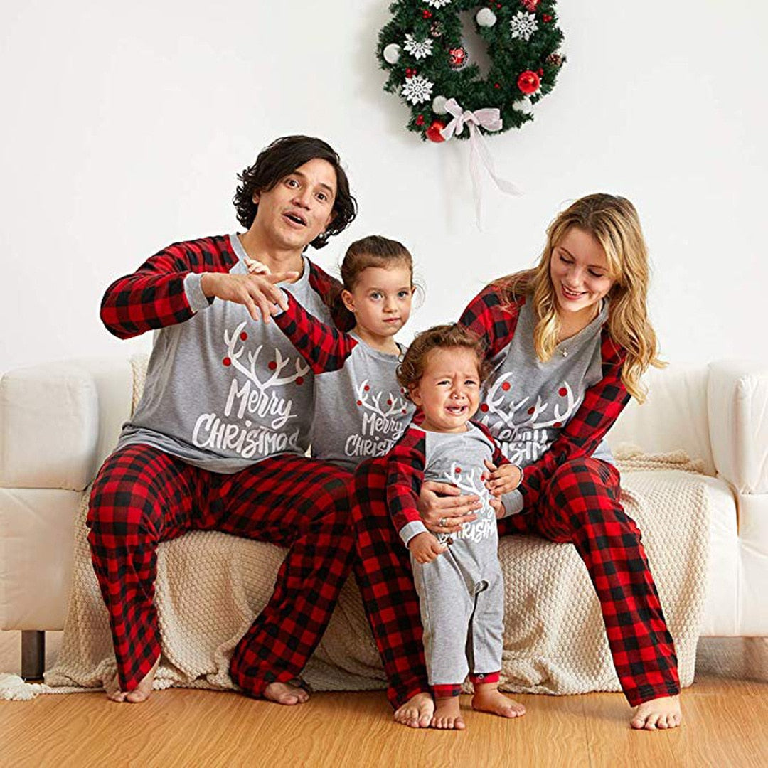 Merry Christmas Reindeer Matching Family Pajamas - Red/White Plaid Pan –  Cotton Sisters