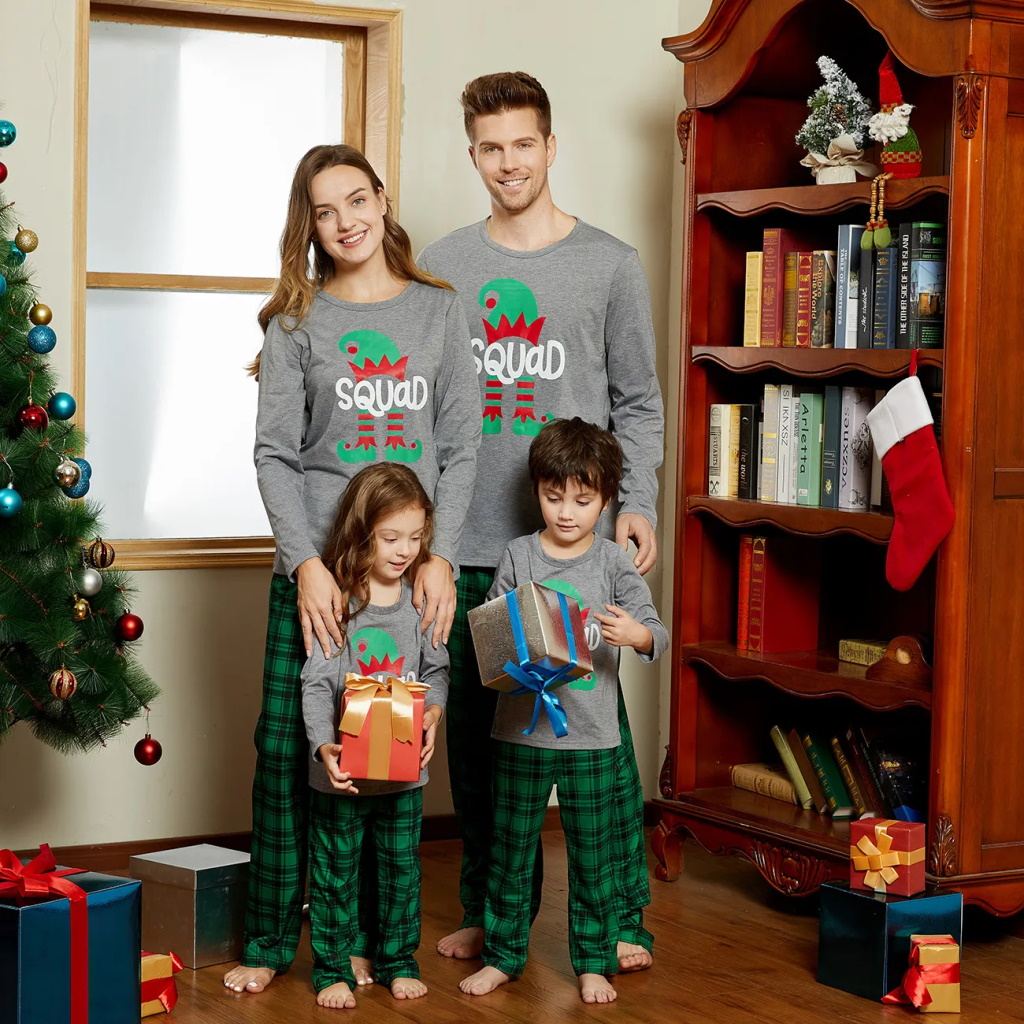 Matching Family Pajamas Sets Green Squad Print Plaid Sleepwear Set