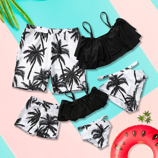 Matching Family Swimsuit Black White Palm Tree Mom Dad Swimsuit - ChildAngle