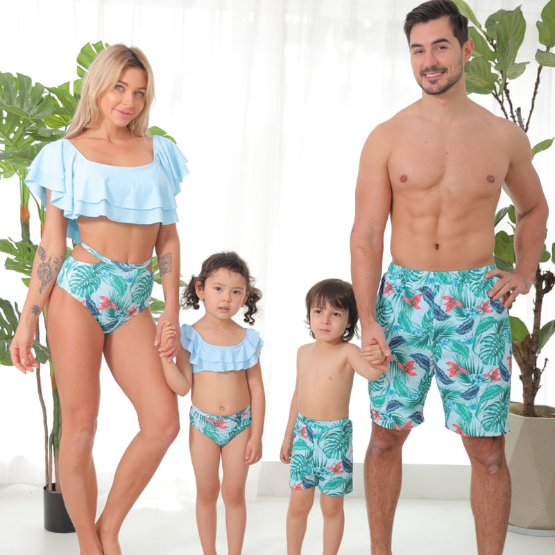 Matching Family Swimsuit Sky Blue Ruffle Floral Bikini Set Swimsuit