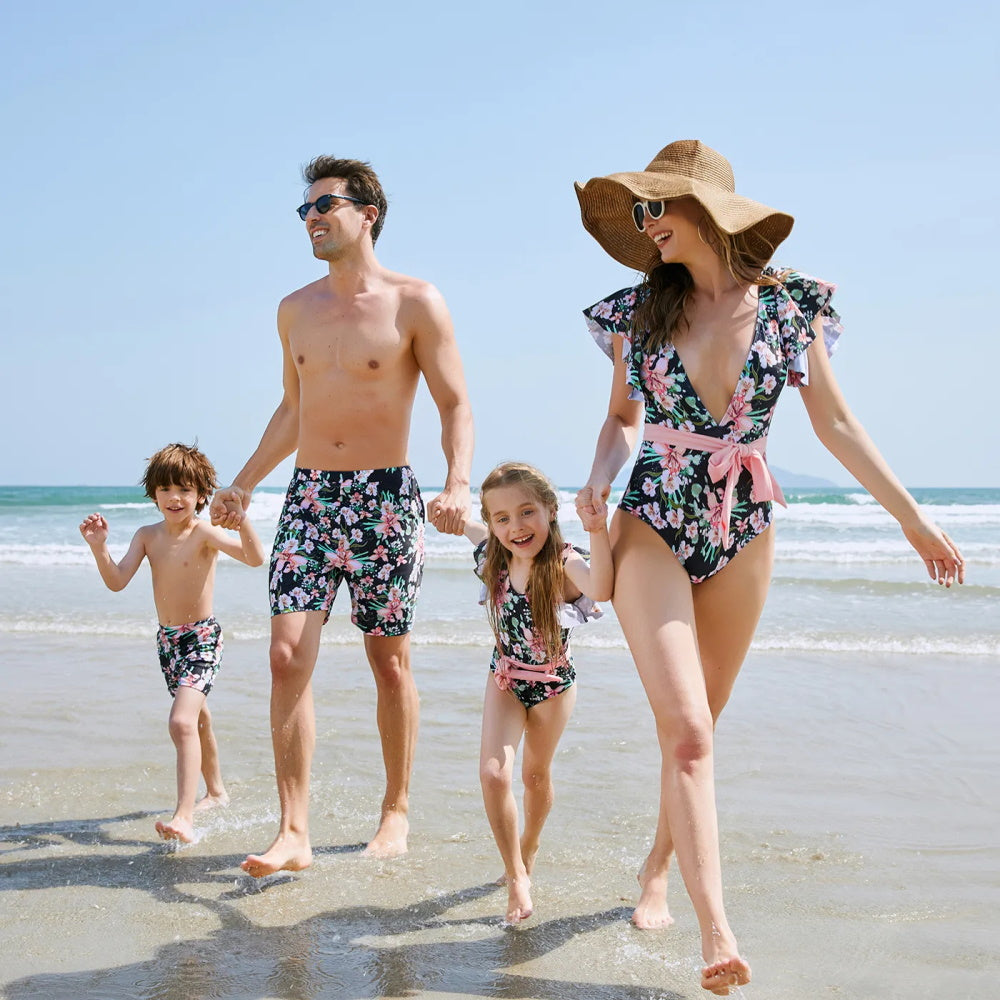 Matching Family Swimsuits Floral Print Pink Waist Tie One-piece Bathing Suit