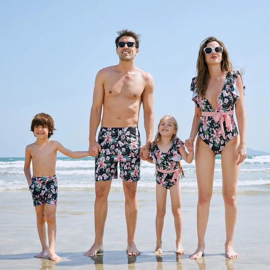 Matching Family Swimsuits Floral Print Pink Waist Tie One-piece Bathing Suit - ChildAngle