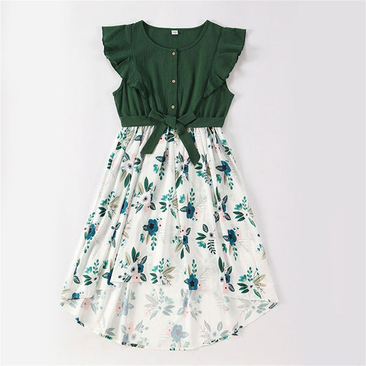 Mommy and Me Dress Summer Floral Midi Dresses Flounce Waist Tie Dress for Mom and Daughter - ChildAngle