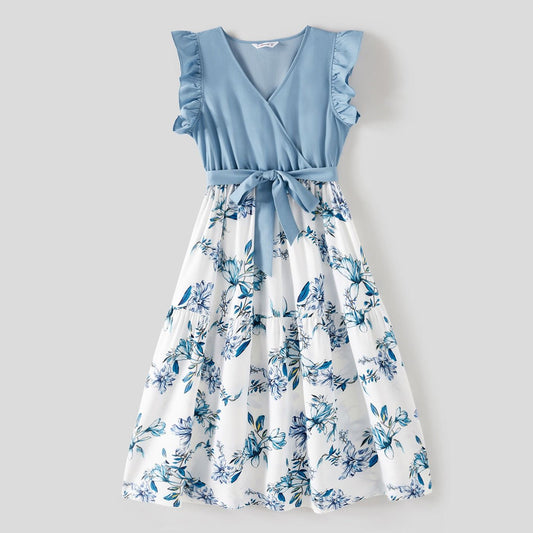 Mommy and Me Floral Print V Neck Ruffle Trim Dresses - ChildAngle