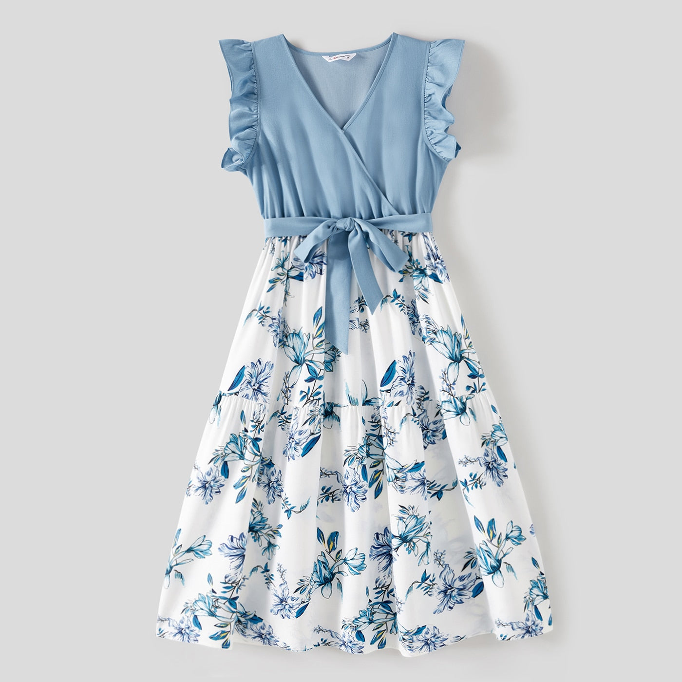 Mommy and Me Floral Print V Neck Ruffle Trim Dresses - ChildAngle