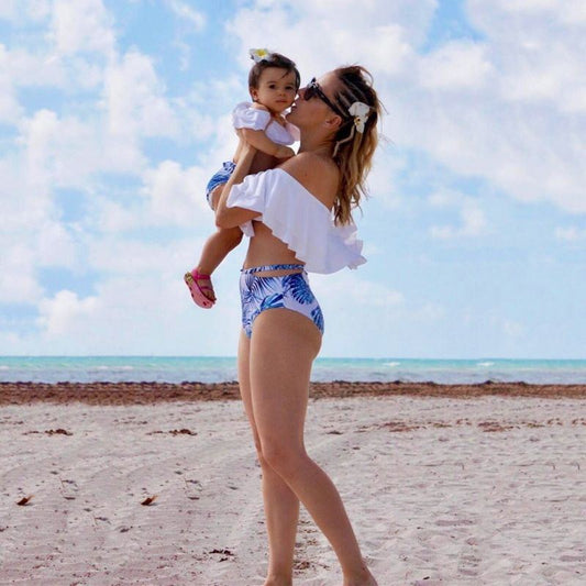 Mommy and Me Swimsuit Blue Palm Leaves Family - ChildAngle