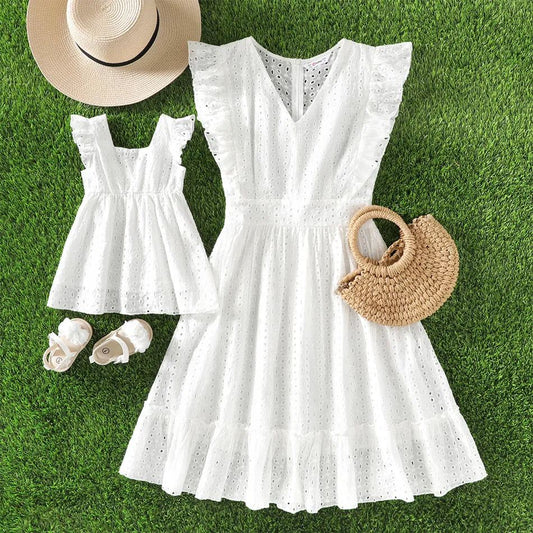Mommy and Me V Neck 100% Cotton White Eyelet Embroidered Ruffle Sleeveless Dresses - ChildAngle
