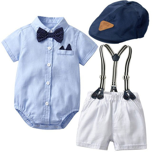 3PCS Baby Boy Bowtie Romper Suspender Baptism Formal Outfit with Baret Hat Newborn Infant Clothing Set - ChildAngle