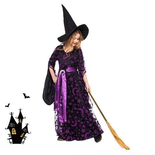 Purple Stars Moons Magic Witch Costume Kids Halloween Party - ChildAngle