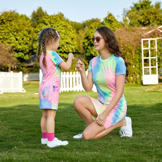 Tie Dye Short-sleeve T-shirt Dress for Mom and Me Baby Jumpsuit - ChildAngle