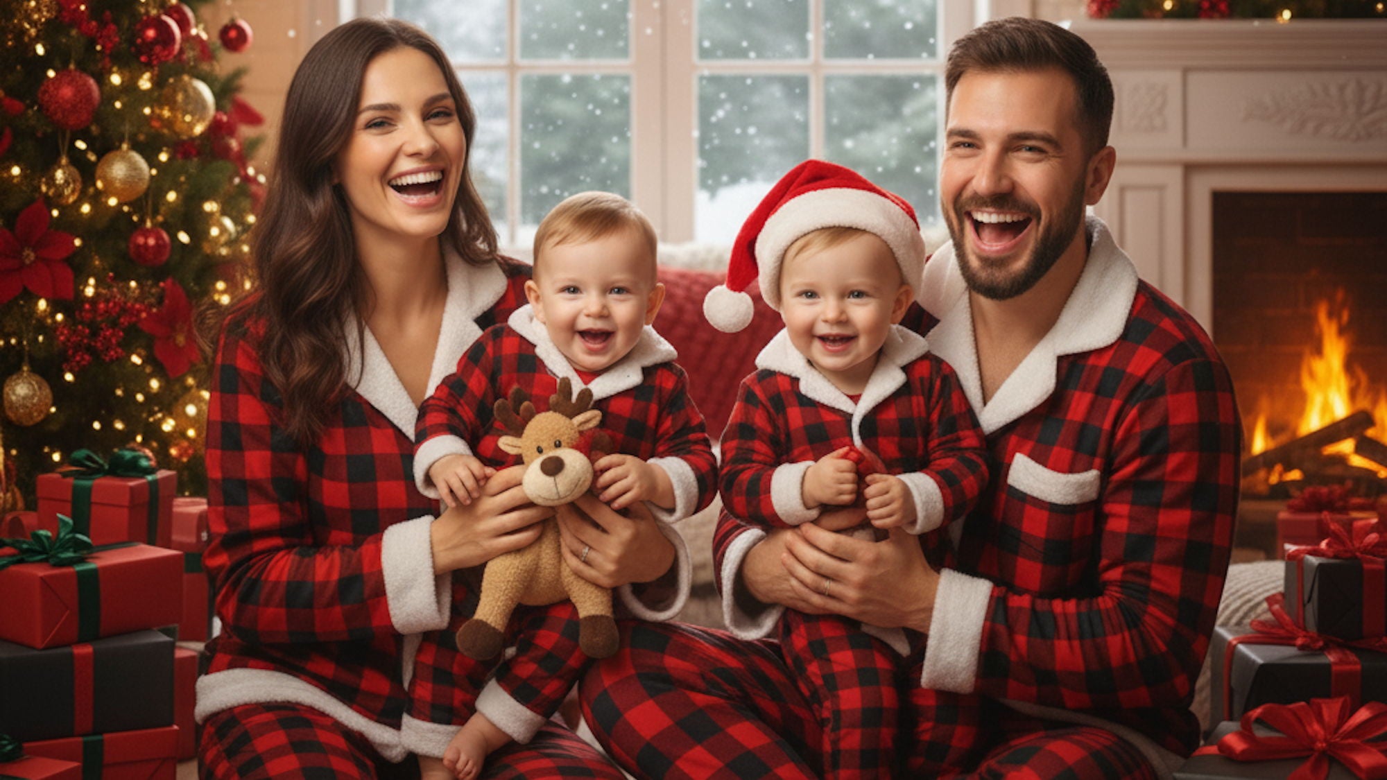ChildAngle BFCM Christmas Banner - Family of four in matching red plaid pajamas celebrating Christmas in front of a fireplace