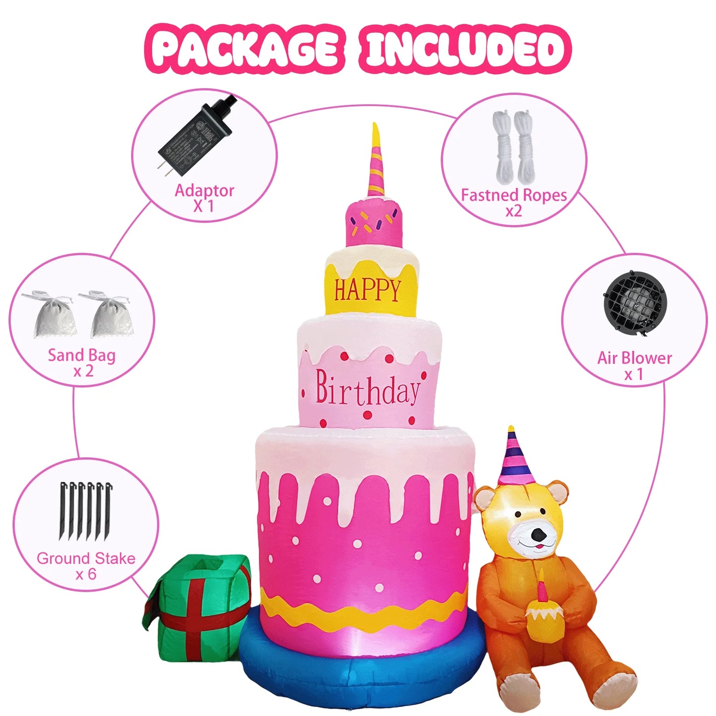 6FT Blow up Birthday Cake Happy Birthday Inflatable Decorations with Teddy Bear Kids - ChildAngle
