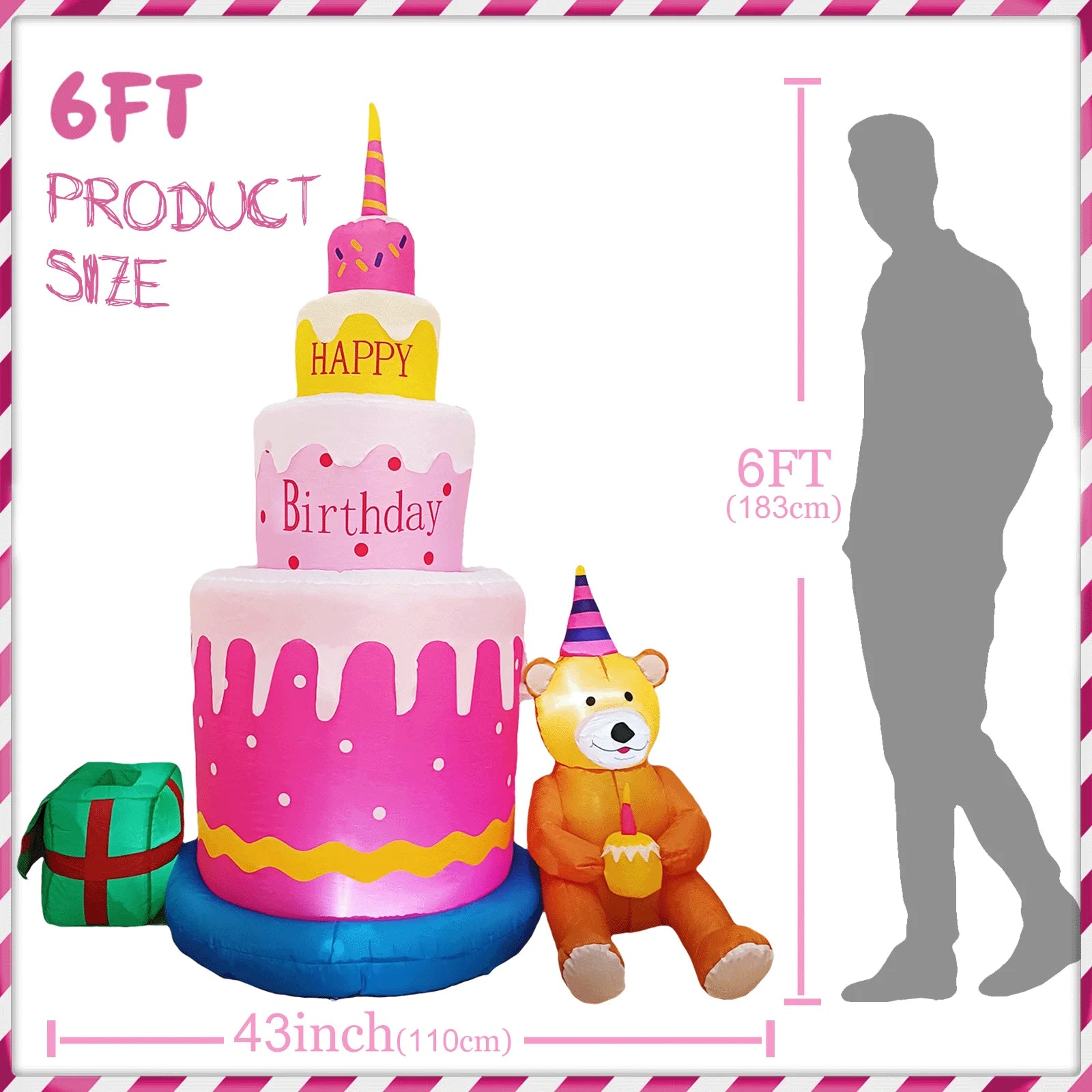6FT Blow up Birthday Cake Happy Birthday Inflatable Decorations with Teddy Bear Kids - ChildAngle