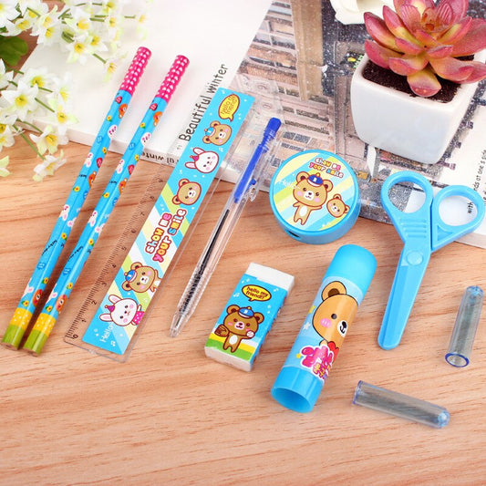 9PCS Kawaii Stationery Set Pencil Scissors Eraser Pen Glue Ruler Stationery Set - ChildAngle
