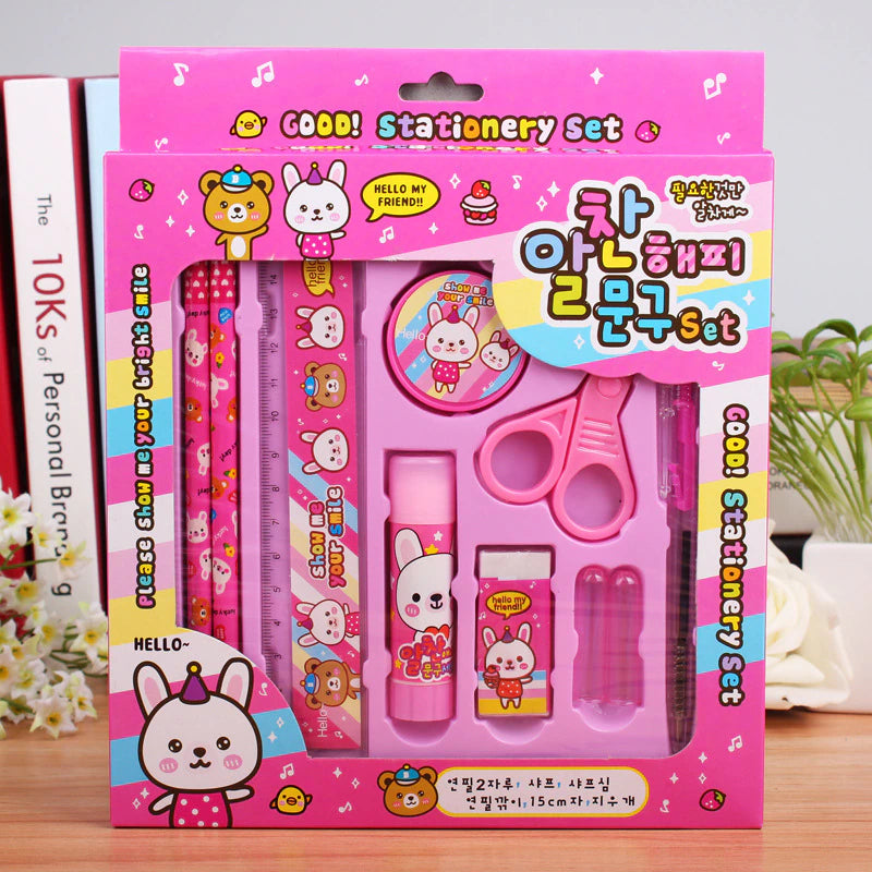 9PCS Kawaii Stationery Set Pencil Scissors Eraser Pen Glue Ruler Stationery Set - ChildAngle