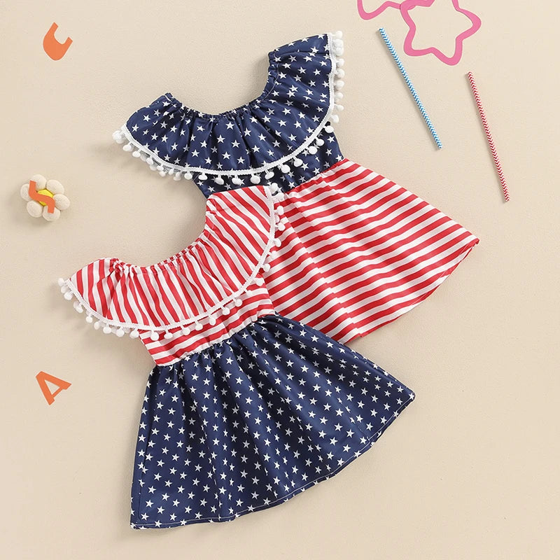 Girls 4th Of July Outfit Toddler Girls Tassel Off-shoulder Dress