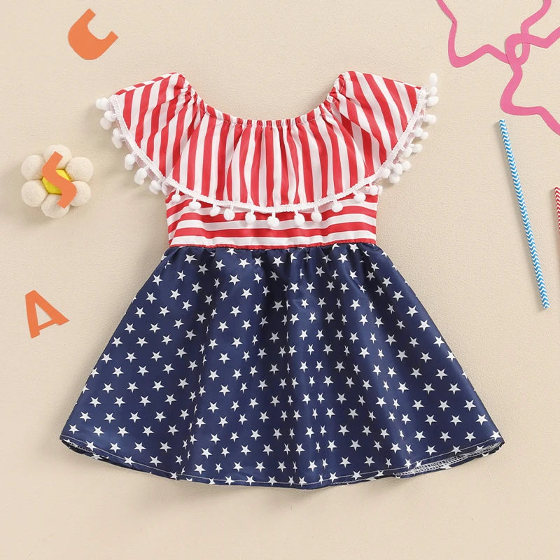 Girls 4th Of July Outfit Toddler Girls Tassel Off-shoulder Dress