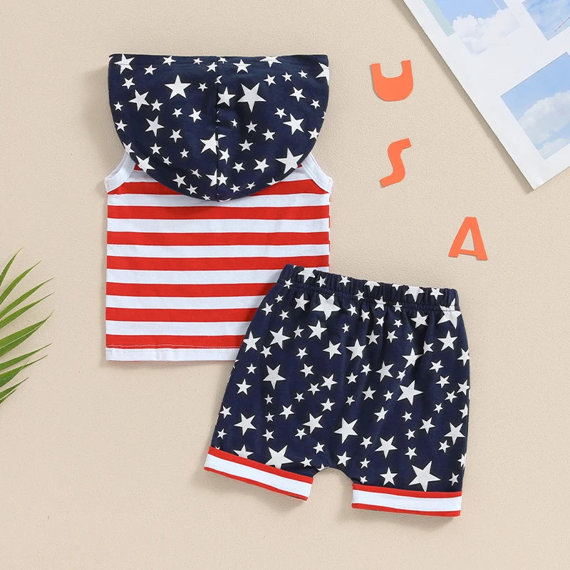 Toddler Boys Independence Day 4th Of July Outfits 2PCS Sleeveless Hooded Tops Shorts Kids