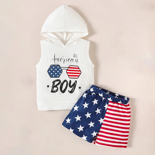 Toddler Boys Independence Day 4th Of July Outfits 2PCS Sleeveless Hooded Tops Shorts Kids