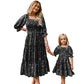 Family Matching Dress Square Neck Collar Bell Sleeve Floral Party Dress for Mother Daughter