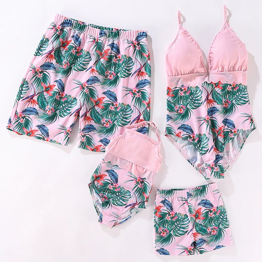 Matching Family Swimwear Pink Floral Leaves Swim Set