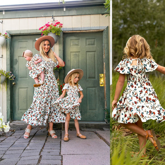 Spring Summer Mother Daughter Matching Dresses White Flower Floral Mommy and Me Outfits