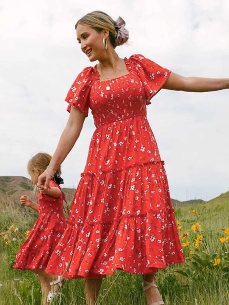 Mom and Daughter Matching Outfits Family Look Red Floral Long Dresses