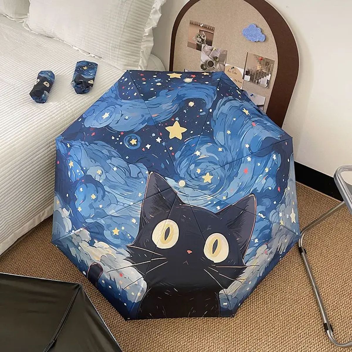 Black Cat Umbrella Starry Night for Kids Folding Umbrella - ChildAngle