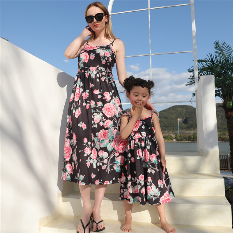 Black Family Matching Dress Floral Maxi Dress for Mommy and Me Matching Outfits - ChildAngle