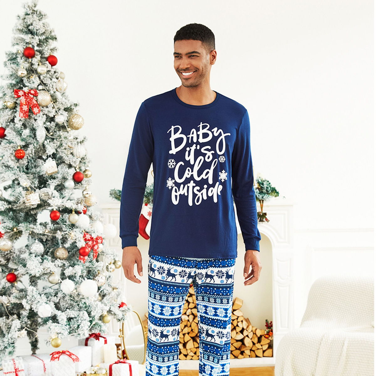 Bluey Baby It's Cold Outside Family Christmas Pajamas Letter Print Reindeer Snowflake - ChildAngle