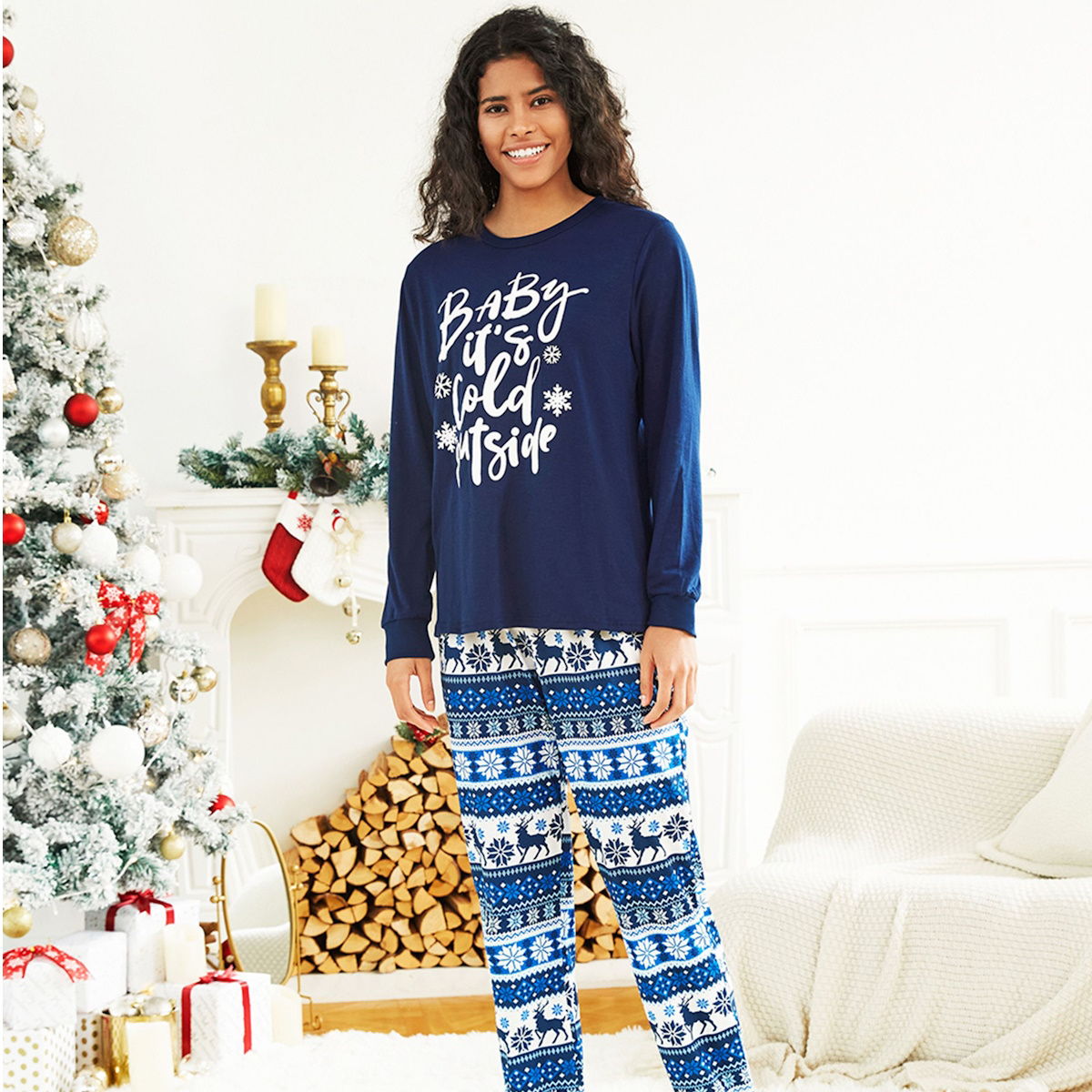 Bluey Baby It's Cold Outside Family Christmas Pajamas Letter Print Reindeer Snowflake - ChildAngle