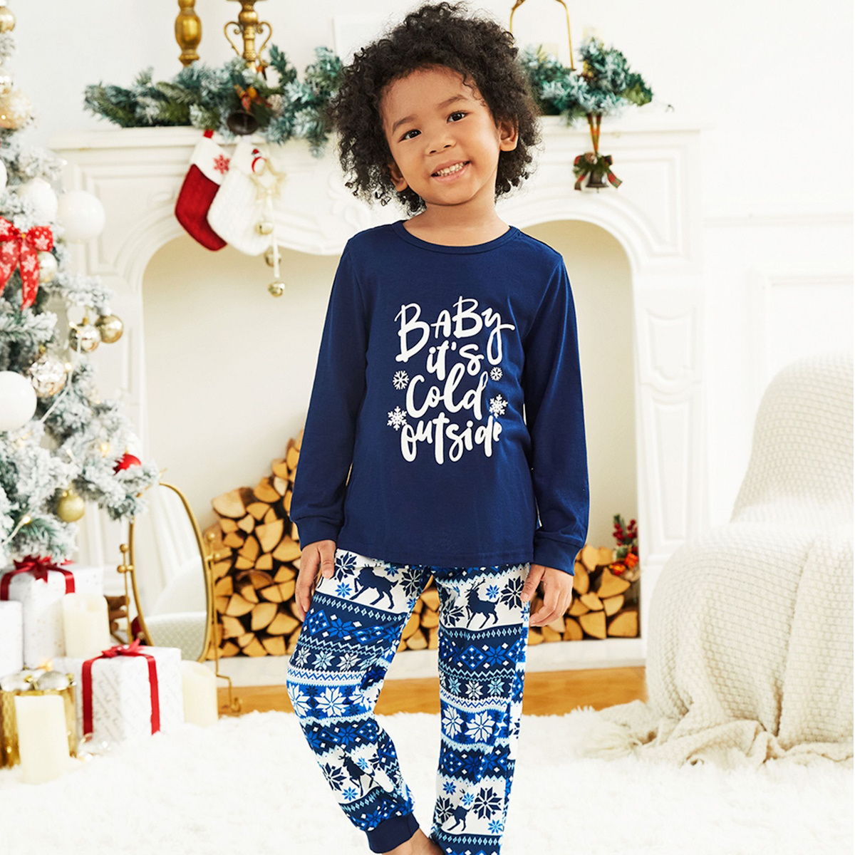 Bluey Baby It's Cold Outside Family Christmas Pajamas Letter Print Reindeer Snowflake - ChildAngle