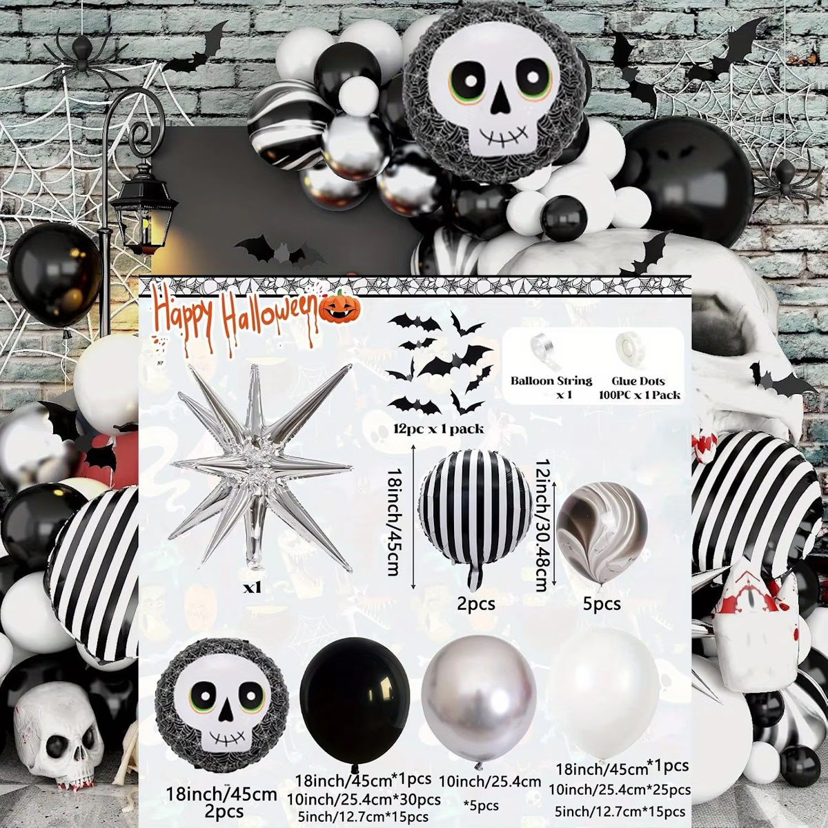 122PCS 18'' Skull Skeleton Bat Sticker Halloween Balloon Garland & Arch Kit - ChildAngle
